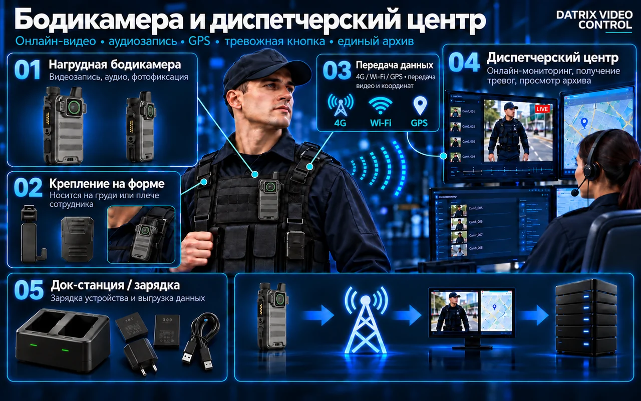 Бодикамера на форме передаёт видео и координаты в диспетчерский центр. Показаны крепление, док-станция и архив.